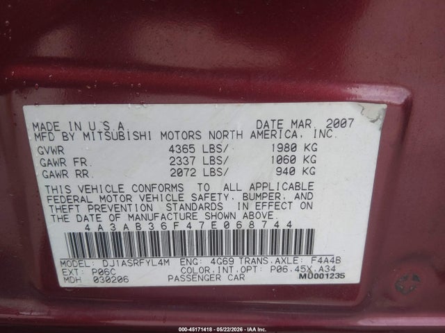Aukcja sprzedaży 2007 Mitsubishi Galant Es/se, vin: 4A3AB36F47E068744, numer aukcji: 45171418