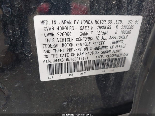 45171426 :رقم المزاد ، JH4KB16516C012191 vin ، 2006 Acura Rl 3.5 مزاد بيع