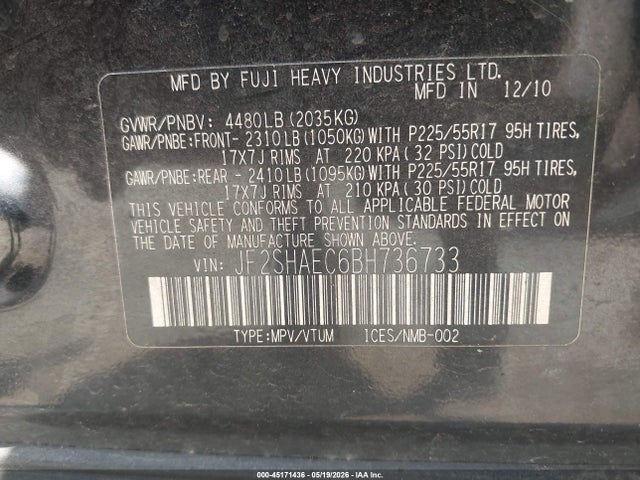 Продаж на аукціоні авто 2011 Subaru Forester 2.5x Limited, vin: JF2SHAEC6BH736733, номер лоту: 45171436