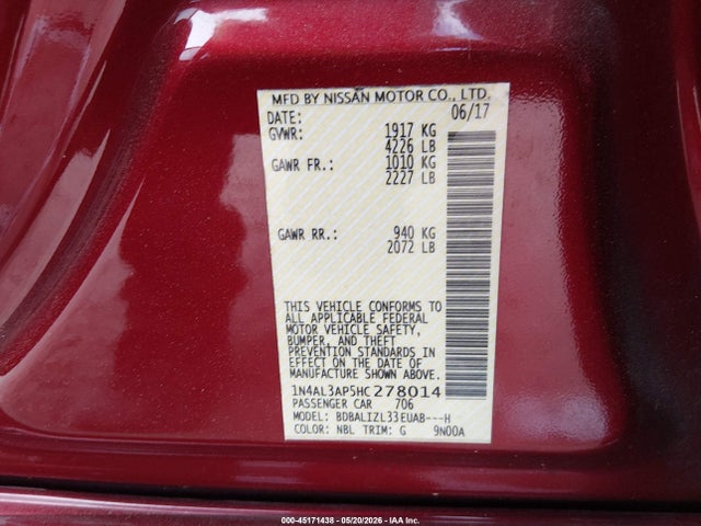 45171438 :رقم المزاد ، 1N4AL3AP5HC278014 vin ، 2017 Nissan Altima 2.5 Sv مزاد بيع