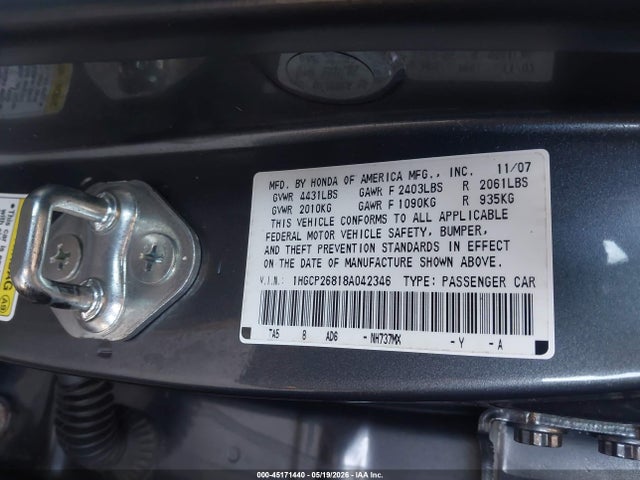 Aukcja sprzedaży 2008 Honda Accord 2.4 Ex-l, vin: 1HGCP26818A042346, numer aukcji: 45171440