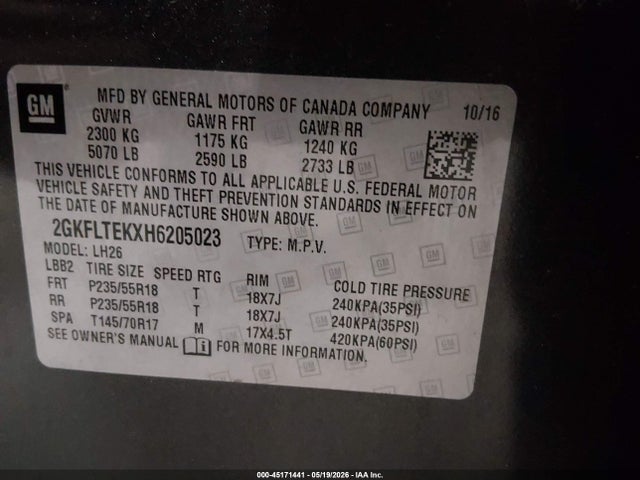 Aukcja sprzedaży 2017 Gmc Terrain Sle-2, vin: 2GKFLTEKXH6205023, numer aukcji: 45171441
