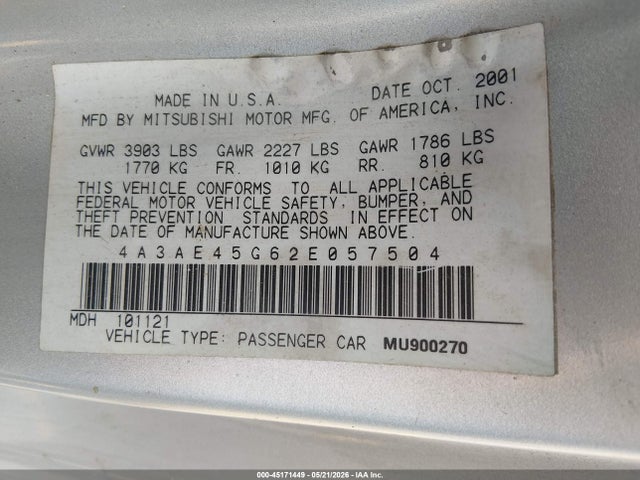 45171449 :رقم المزاد ، 4A3AE45G62E057504 vin ، 2002 Mitsubishi Eclipse Spyder Gs مزاد بيع