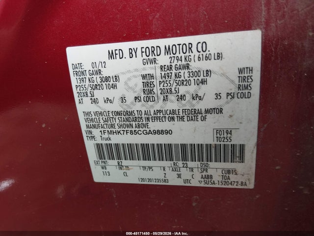 Aukcja sprzedaży 2012 Ford Explorer Limited, vin: 1FMHK7F85CGA98890, numer aukcji: 45171450
