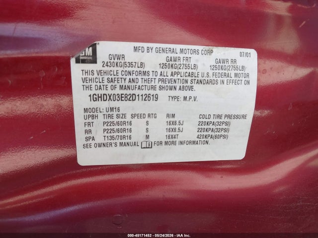 Продаж на аукціоні авто 2002 Oldsmobile Silhouette Gls, vin: 1GHDX03E82D112619, номер лоту: 45171452