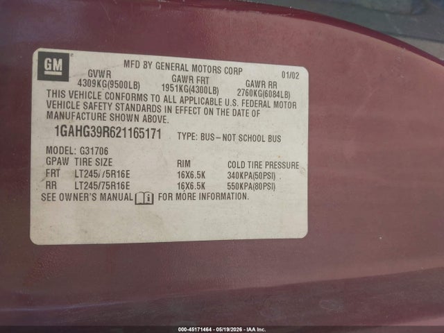 Aukcja sprzedaży 2002 Chevrolet Express, vin: 1GAHG39R621165171, numer aukcji: 45171464