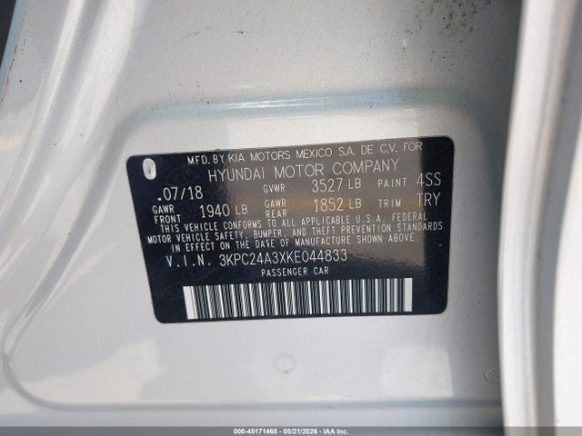 Продажа на аукционе авто 2019 Hyundai Accent Se, vin: 3KPC24A3XKE044833, номер лота: 45171468