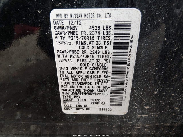 Продажа на аукционе авто 2013 Nissan Rogue S, vin: JN8AS5MV9DW622105, номер лота: 45171471