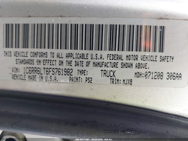 2015 Ram 1500 Lone Star მანქანა იყიდება აუქციონზე, vin: 1C6RR6LT6FS761982, აუქციონის ნომერი: 45171491