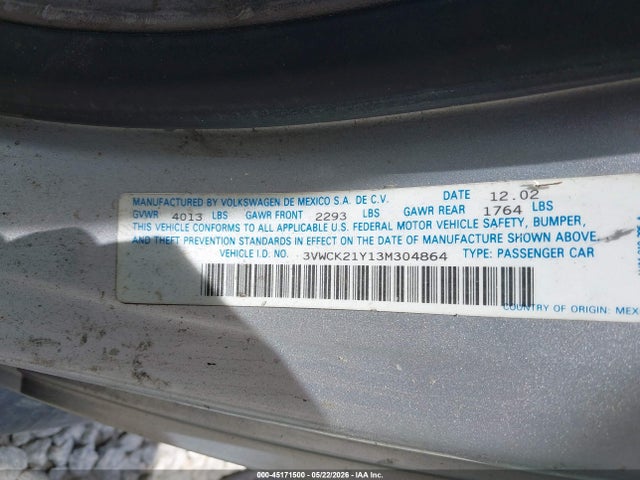 Aukcja sprzedaży 2003 Volkswagen New Beetle Gls, vin: 3VWCK21Y13M304864, numer aukcji: 45171500