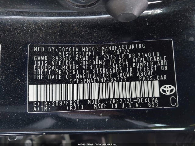 5YFEPMAE7NP382172 Toyota COROLLA LE