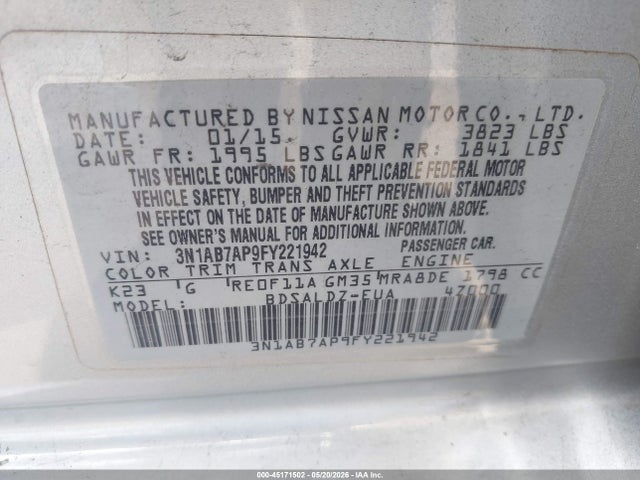 Aukcja sprzedaży 2015 Nissan Sentra Fe+ S/s/sl/sr/sv, vin: 3N1AB7AP9FY221942, numer aukcji: 45171502