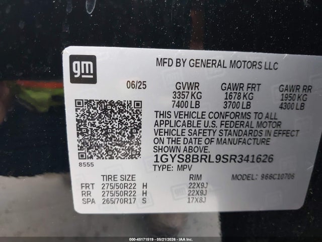45171519 :رقم المزاد ، 1GYS8BRL9SR341626 vin ، 2025 Cadillac Escalade Premium Luxury مزاد بيع