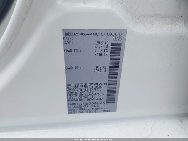 45171520 :رقم المزاد ، 1N4BL4DV2SN364025 vin ، 2025 Nissan Altima Sv Fwd مزاد بيع