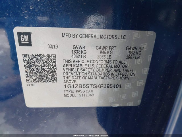 2019 Chevrolet Malibu 1ls მანქანა იყიდება აუქციონზე, vin: 1G1ZB5ST5KF195401, აუქციონის ნომერი: 45171521