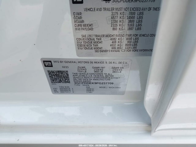 45171524 :رقم المزاد ، 3GCPDDEK9PG237709 vin ، 2023 Chevrolet Silverado 1500 4wd  Standard Bed Lt مزاد بيع