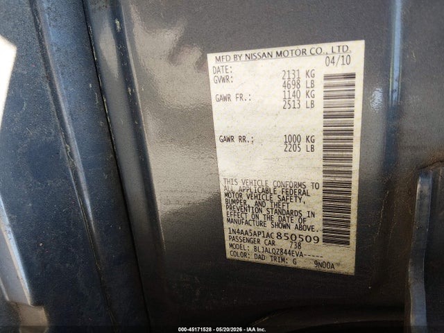 2010 Nissan Maxima 3.5 S მანქანა იყიდება აუქციონზე, vin: 1N4AA5AP1AC850509, აუქციონის ნომერი: 45171528