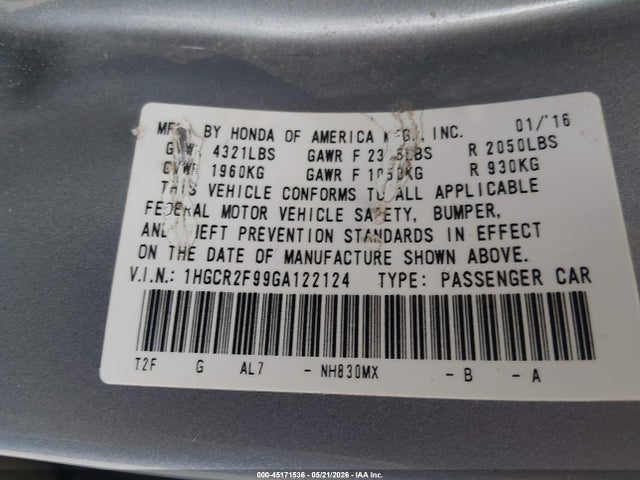 Aukcja sprzedaży 2016 Honda Accord Ex-l, vin: 1HGCR2F99GA122124, numer aukcji: 45171536