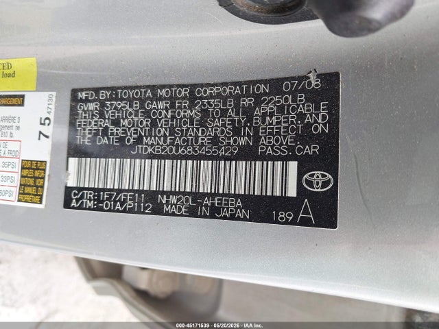 Aukcja sprzedaży 2008 Toyota Prius, vin: JTDKB20U683455429, numer aukcji: 45171539