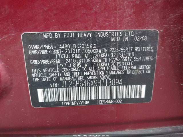 2009 Subaru Forester 2.5x Limited მანქანა იყიდება აუქციონზე, vin: JF2SH646X9H713894, აუქციონის ნომერი: 45171542