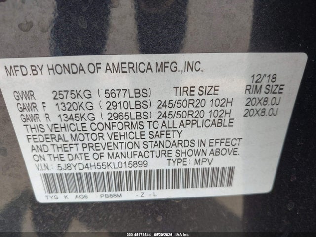 Aukcja sprzedaży 2019 Acura Mdx Tech Pkg, vin: 5J8YD4H55KL015899, numer aukcji: 45171544