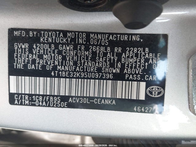 Aukcja sprzedaży 2005 Toyota Camry Std, vin: 4T1BE32K95U097396, numer aukcji: 45171559