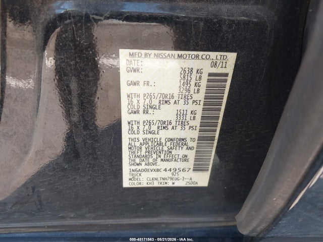 Продаж на аукціоні авто 2011 Nissan Frontier Sv, vin: 1N6AD0EVXBC449567, номер лоту: 45171563