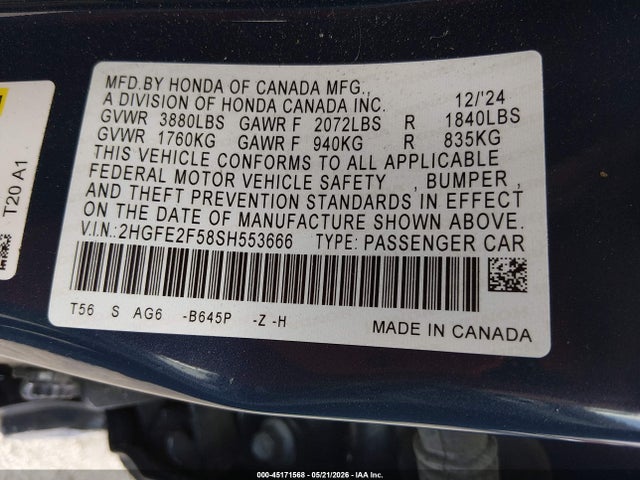 45171568 :رقم المزاد ، 2HGFE2F58SH553666 vin ، 2025 Honda Civic Sport مزاد بيع