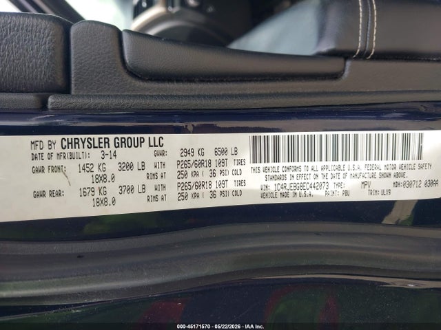 45171570 :رقم المزاد ، 1C4RJEBG8EC442073 vin ، 2014 Jeep Grand Cherokee Limited مزاد بيع
