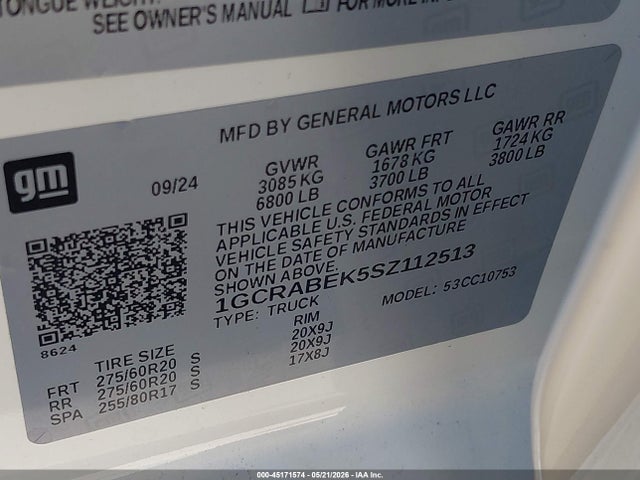 45171574 :رقم المزاد ، 1GCRABEK5SZ112513 vin ، 2025 Chevrolet Silverado 1500 2wd  Standard Bed Custom مزاد بيع