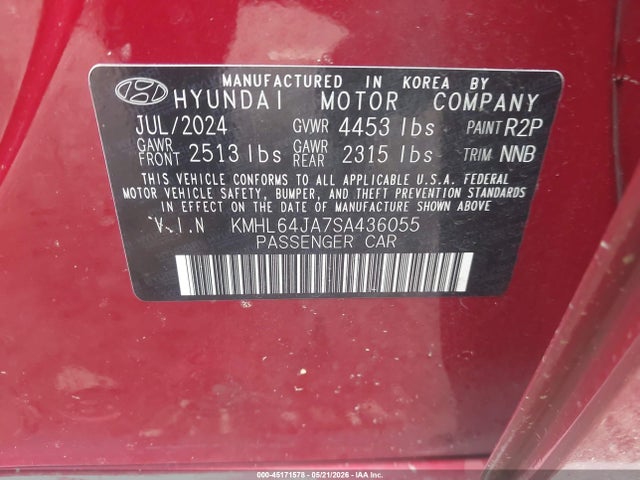 45171578 :رقم المزاد ، KMHL64JA7SA436055 vin ، 2025 Hyundai Sonata Sel مزاد بيع