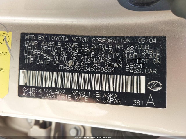 2004 Lexus Es 330 მანქანა იყიდება აუქციონზე, vin: JTHBA30G245048854, აუქციონის ნომერი: 45171579