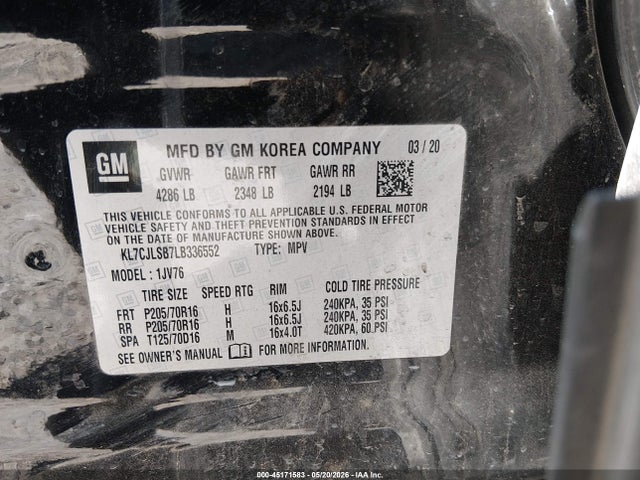 Продаж на аукціоні авто 2020 Chevrolet Trax Fwd Lt, vin: KL7CJLSB7LB336552, номер лоту: 45171583