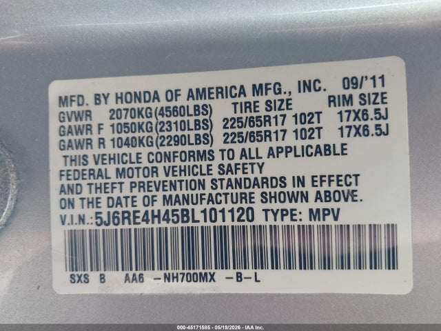 2011 Honda Cr-v Se მანქანა იყიდება აუქციონზე, vin: 5J6RE4H45BL101120, აუქციონის ნომერი: 45171585