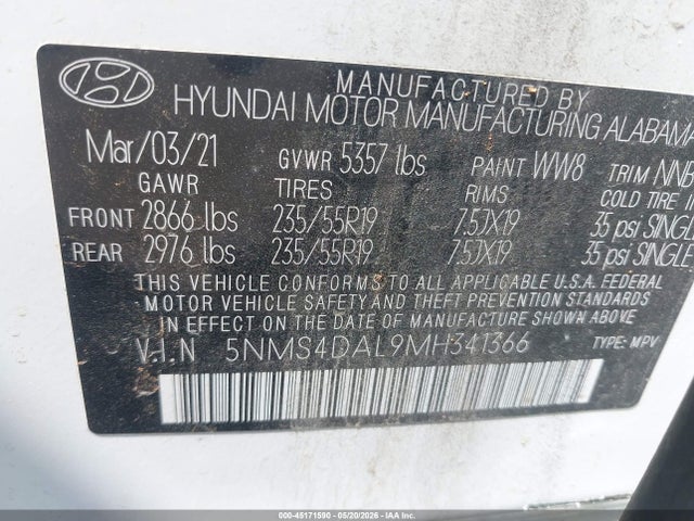 Продаж на аукціоні авто 2021 Hyundai Santa Fe Limited, vin: 5NMS4DAL9MH341366, номер лоту: 45171590