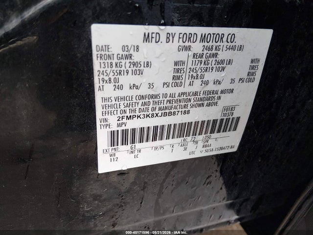 45171596 :رقم المزاد ، 2FMPK3K8XJBB87188 vin ، 2018 Ford Edge Titanium مزاد بيع