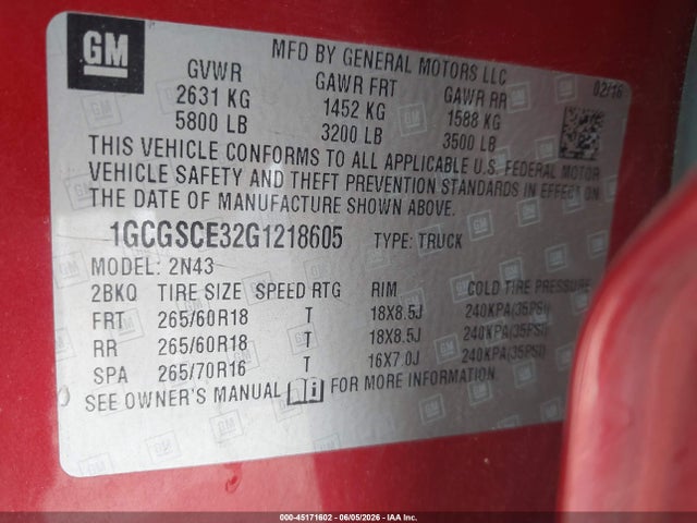 Продаж на аукціоні авто 2016 Chevrolet Colorado Lt, vin: 1GCGSCE32G1218605, номер лоту: 45171602