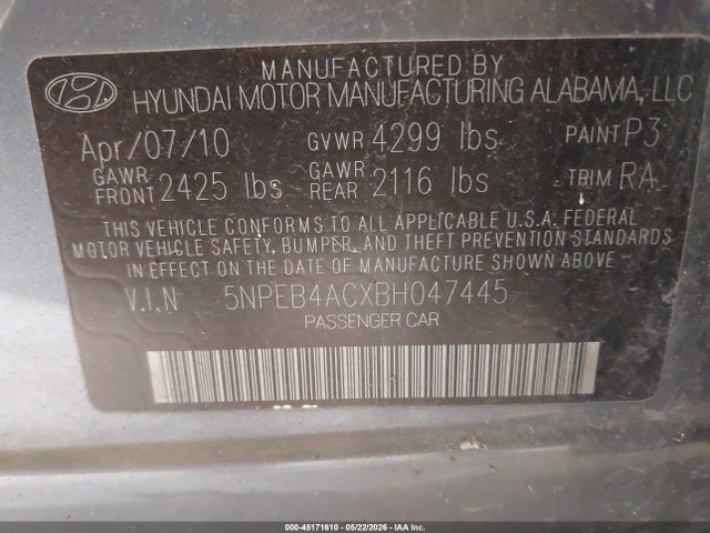 45171610 :رقم المزاد ، 5NPEB4ACXBH047445 vin ، 2011 Hyundai Sonata Gls مزاد بيع