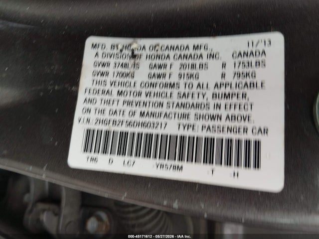 Продажа на аукционе авто 2013 Honda Civic Lx, vin: 2HGFB2F56DH603217, номер лота: 45171612