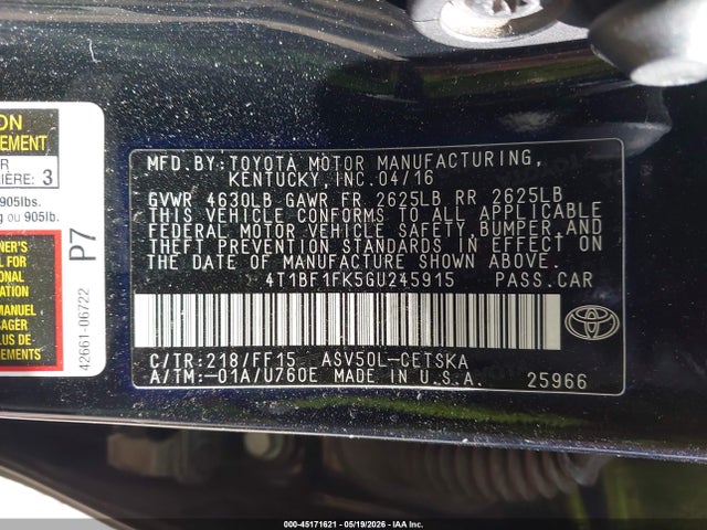 2016 Toyota Camry Se მანქანა იყიდება აუქციონზე, vin: 4T1BF1FK5GU245915, აუქციონის ნომერი: 45171621
