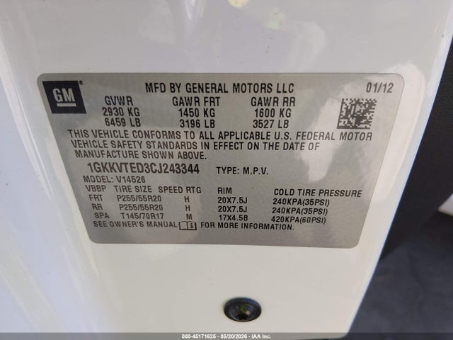 45171625 :رقم المزاد ، 1GKKVTED3CJ243344 vin ، 2012 Gmc Acadia Denali مزاد بيع