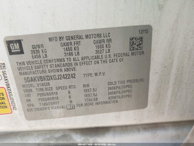 Aukcja sprzedaży 2016 Buick Enclave Leather, vin: 5GAKVBKDXGJ242242, numer aukcji: 45171626