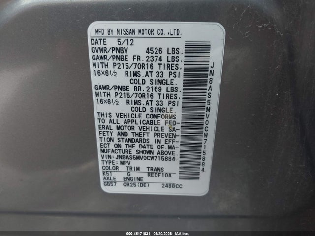Aukcja sprzedaży 2012 Nissan Rogue S, vin: JN8AS5MV0CW715884, numer aukcji: 45171631