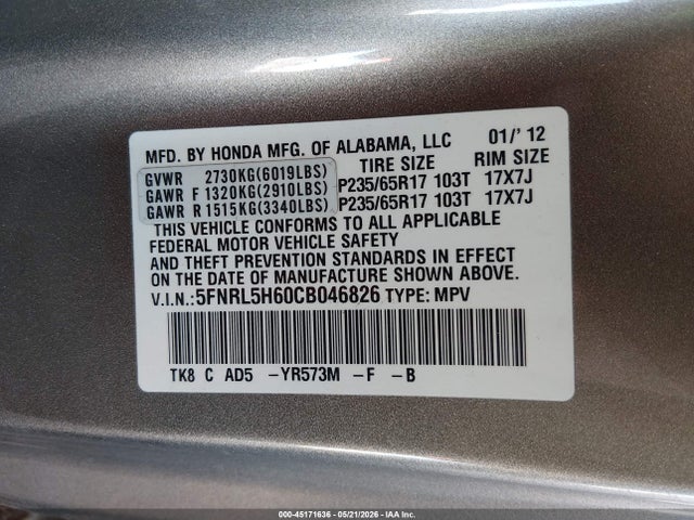 Продажа на аукционе авто 2012 Honda Odyssey Ex-l, vin: 5FNRL5H60CB046826, номер лота: 45171636