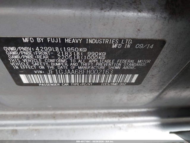 45171641 :رقم المزاد ، JF1GJAA68FH002163 vin ، 2015 Subaru Impreza 2.0i مزاد بيع