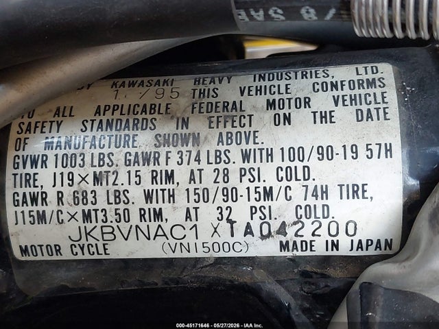 Aukcja sprzedaży 1996 Kawasaki Vn1500 C, vin: JKBVNAC1XTA042200, numer aukcji: 45171646