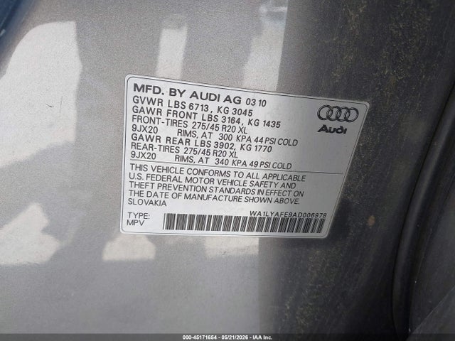 45171654 :رقم المزاد ، WA1LYAFE9AD006978 vin ، 2010 Audi Q7 3.6 Premium مزاد بيع