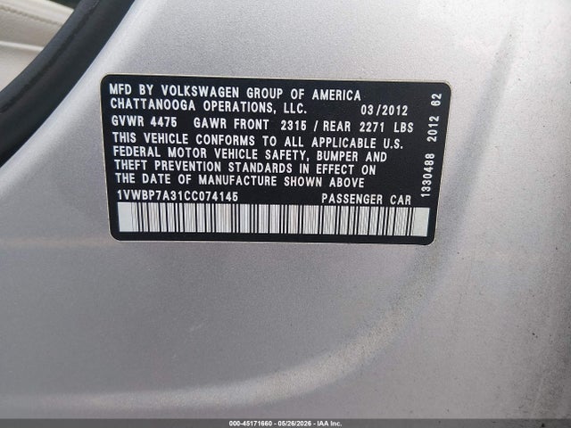 45171660 :رقم المزاد ، 1VWBP7A31CC074145 vin ، 2012 Volkswagen Passat 2.5l Se مزاد بيع
