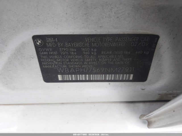 2009 Bmw 328i მანქანა იყიდება აუქციონზე, vin: WBAPH77569NM27911, აუქციონის ნომერი: 45171665