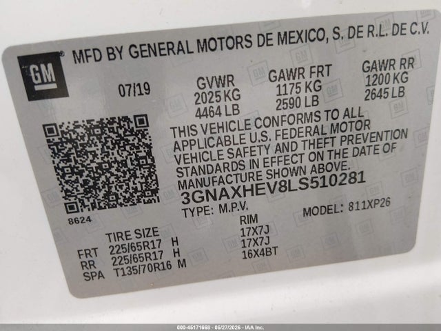 2020 Chevrolet Equinox Fwd Ls მანქანა იყიდება აუქციონზე, vin: 3GNAXHEV8LS510281, აუქციონის ნომერი: 45171668